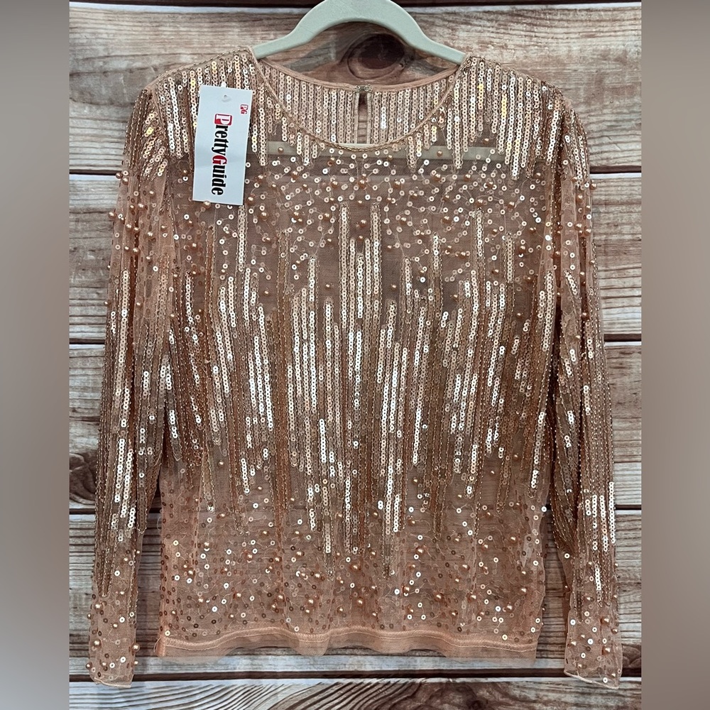 PRETTYGUIDE Sequin See Through Beaded Rose Gold Blouse. Gently Loved, Size M.